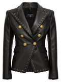 Women's Original Black Leather Blazer - Premium Full-Grain Double-Breasted with Lace-Up Details