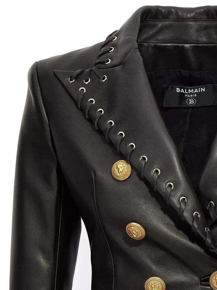 Women's Original Black Leather Blazer - Premium Full-Grain Double-Breasted with Lace-Up Details