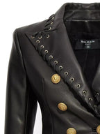 Women's Original Black Leather Blazer - Premium Full-Grain Double-Breasted with Lace-Up Details