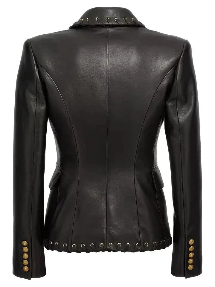 Women's Original Black Leather Blazer - Premium Full-Grain Double-Breasted with Lace-Up Details
