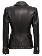Women's Original Black Leather Blazer - Premium Full-Grain Double-Breasted with Lace-Up Details