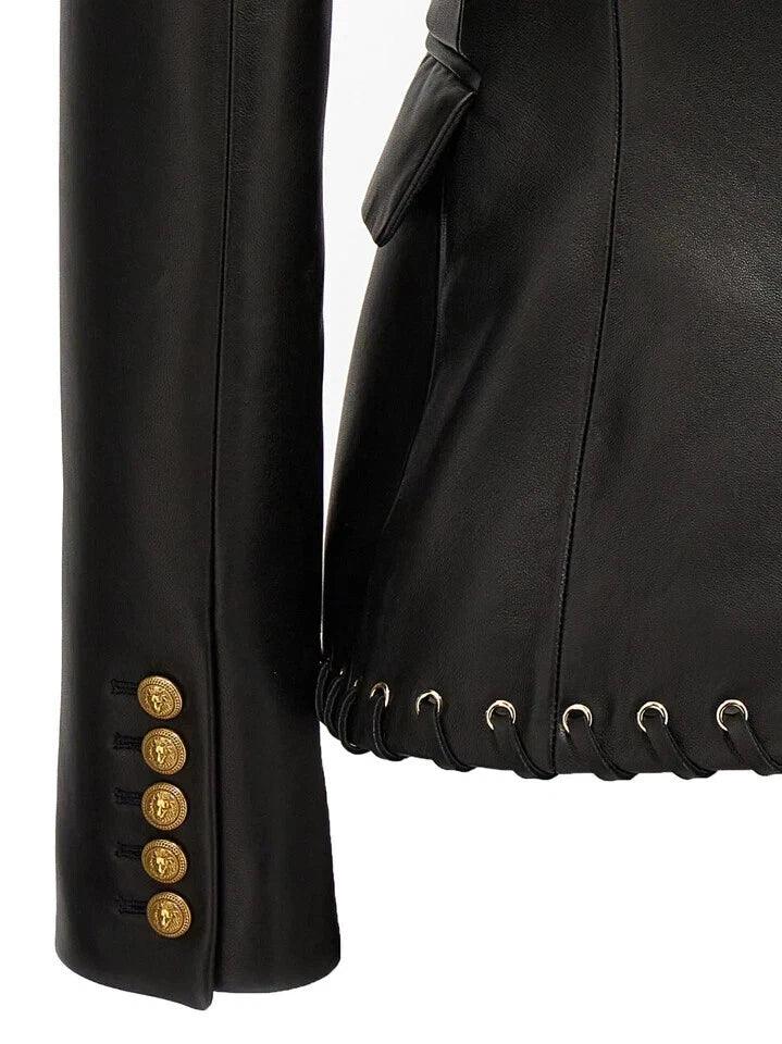 Women's Original Black Leather Blazer - Premium Full-Grain Double-Breasted with Lace-Up Details