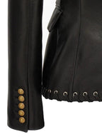 Women's Original Black Leather Blazer - Premium Full-Grain Double-Breasted with Lace-Up Details