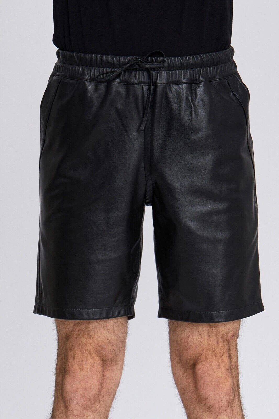 Black Leather Drawstring Shorts - Premium Full-Grain Leather Casual Shorts for Men & Women