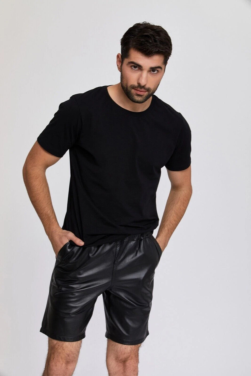 Black Leather Drawstring Shorts - Premium Full-Grain Leather Casual Shorts for Men & Women