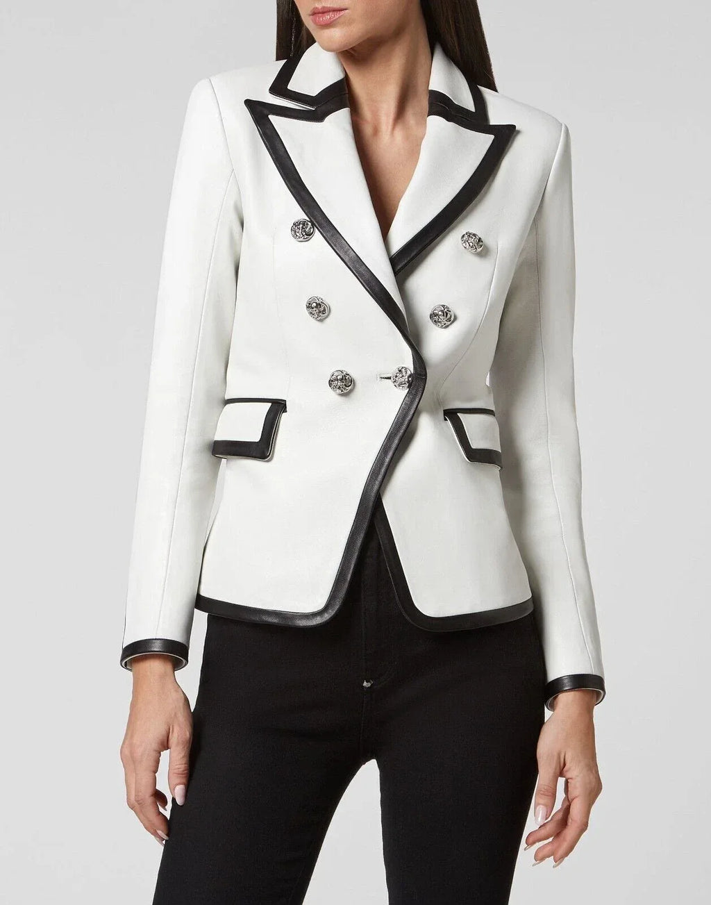 Women's White Blazer with Black Original Leather Trim - Premium Double-Breasted Jacket