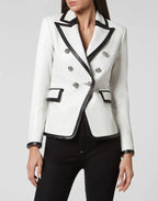 Women's White Blazer with Black Original Leather Trim - Premium Double-Breasted Jacket