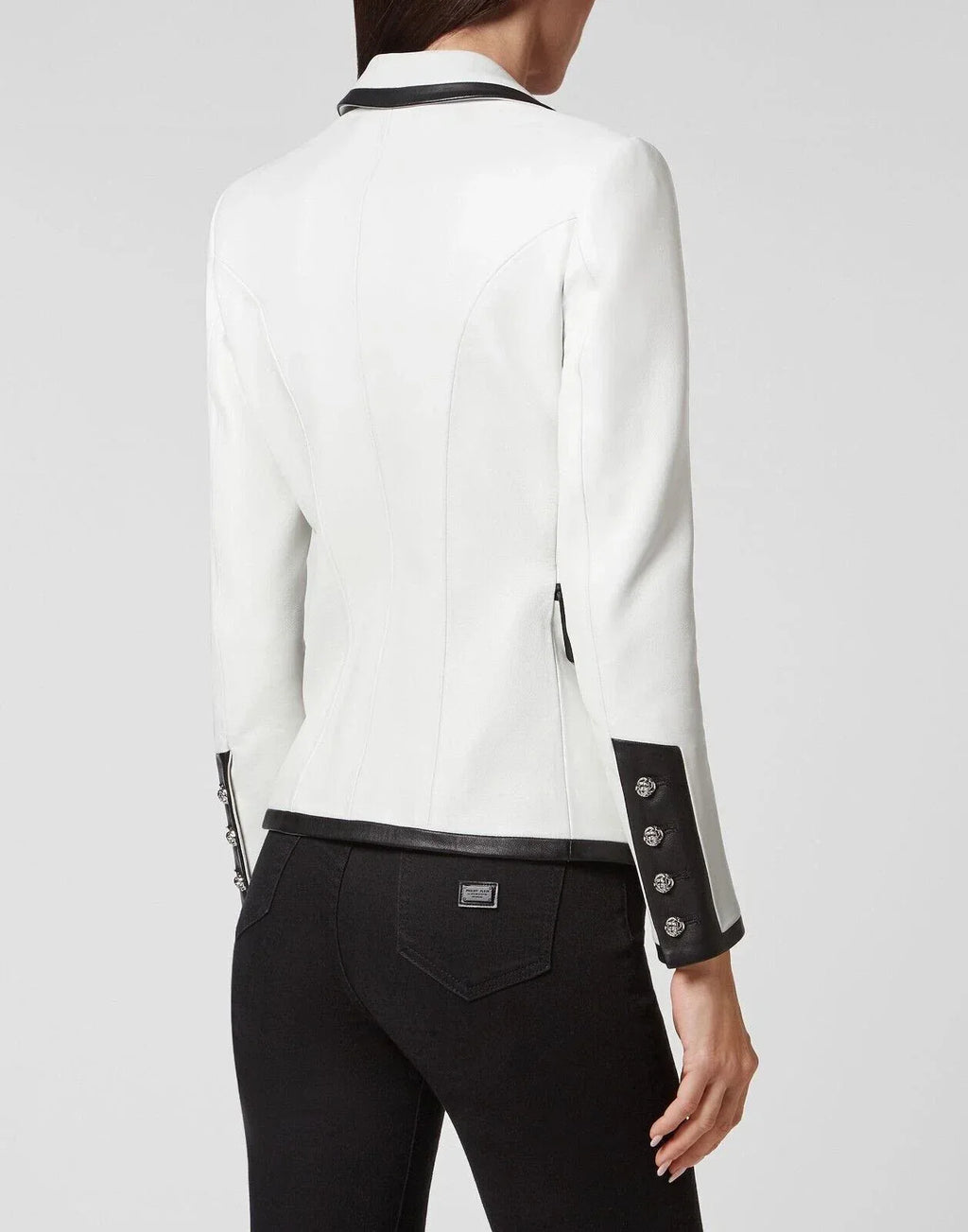 Women's White Blazer with Black Original Leather Trim - Premium Double-Breasted Jacket