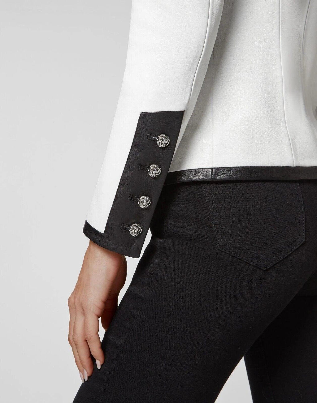 Women's White Blazer with Black Original Leather Trim - Premium Double-Breasted Jacket