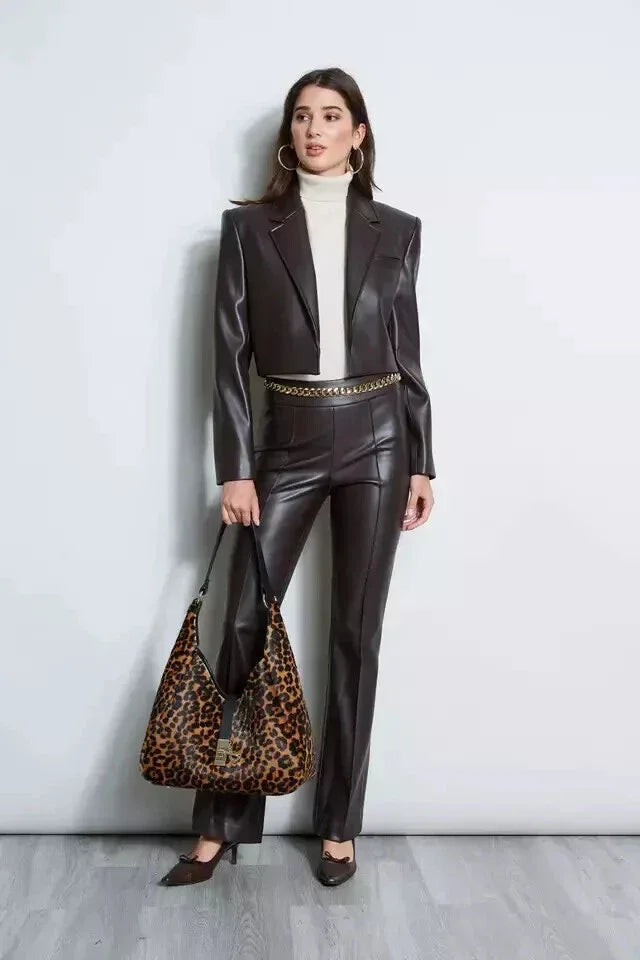 Women's Black Original Leather Cropped Blazer - Premium Full-Grain Open-Front Jacket