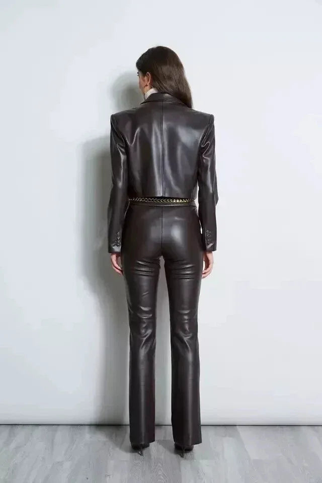 Women's Black Original Leather Cropped Blazer - Premium Full-Grain Open-Front Jacket
