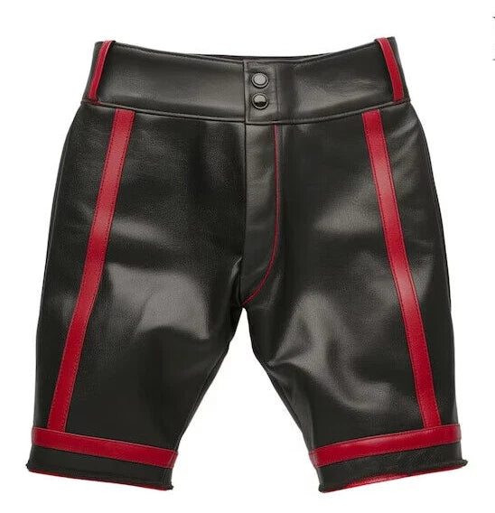 Black & Red Leather Shorts - Premium Full-Grain Leather Colorblock Shorts for Men & Women