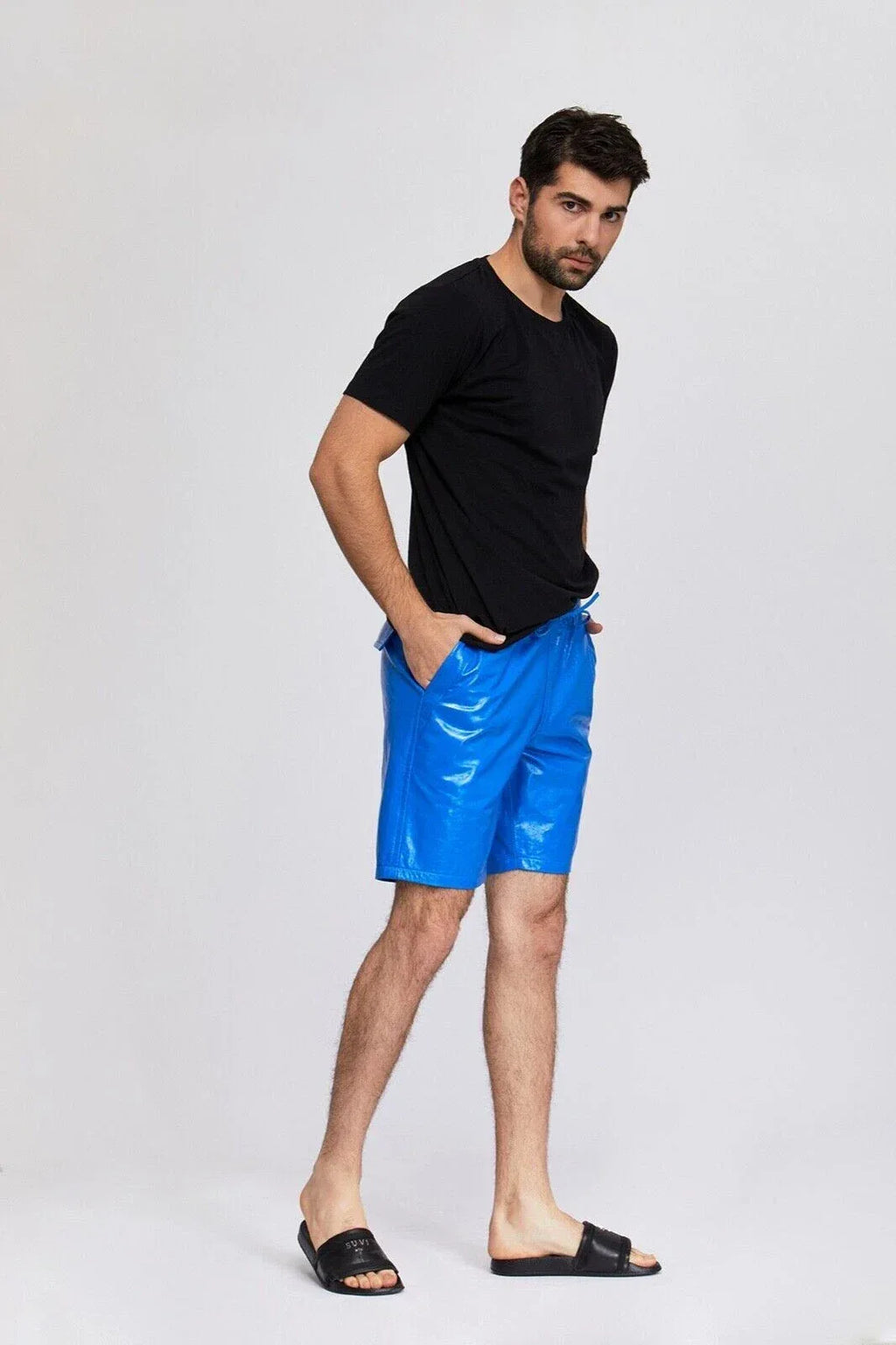 Blue Original Leather Cargo Shorts - Premium Full-Grain Leather Utility Shorts for Men & Women