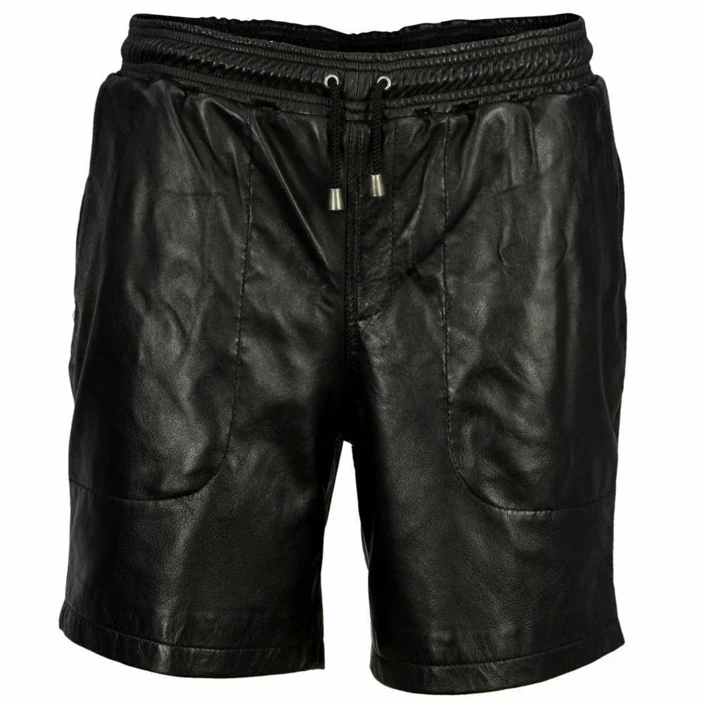 Original Black Leather Jogger Shorts - Premium Full-Grain Leather Drawstring Shorts for Men & Women