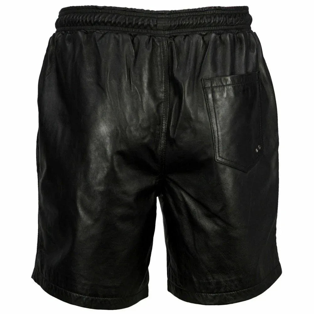 Original Black Leather Jogger Shorts - Premium Full-Grain Leather Drawstring Shorts for Men & Women