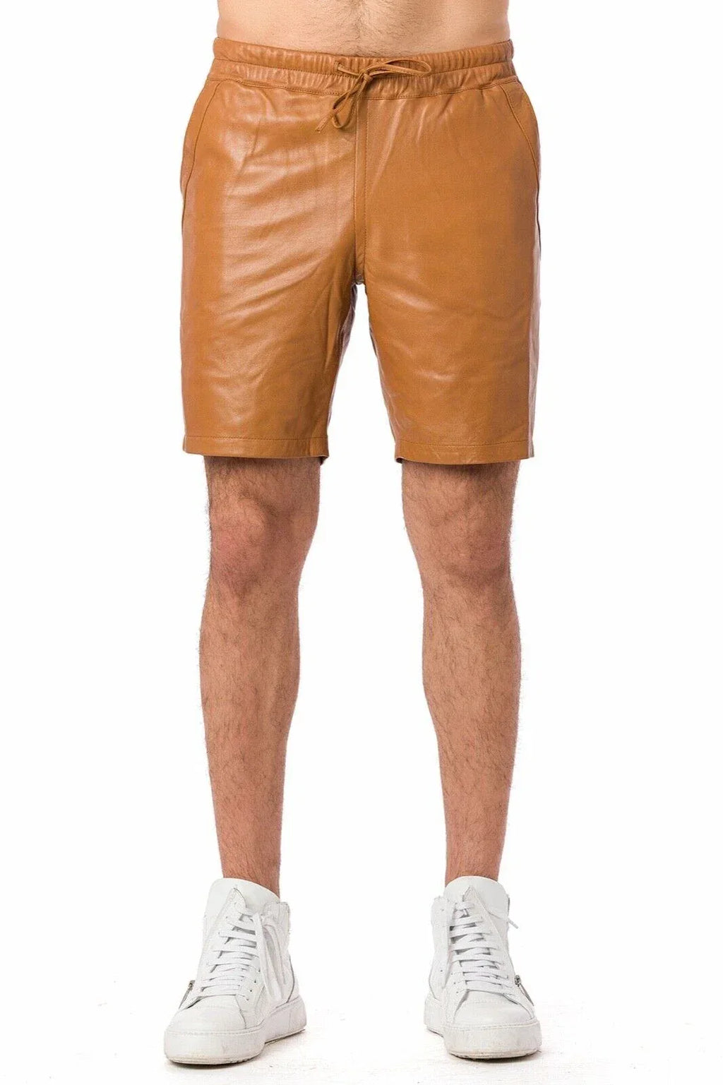 Men's Tan Original Leather Shorts with Drawstring Premium Full-Grain Handcrafted