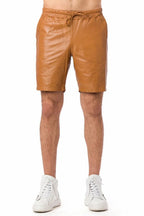 Men's Tan Original Leather Shorts with Drawstring Premium Full-Grain Handcrafted