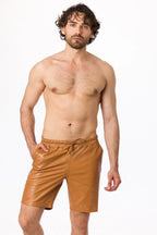 Men's Tan Original Leather Shorts with Drawstring Premium Full-Grain Handcrafted