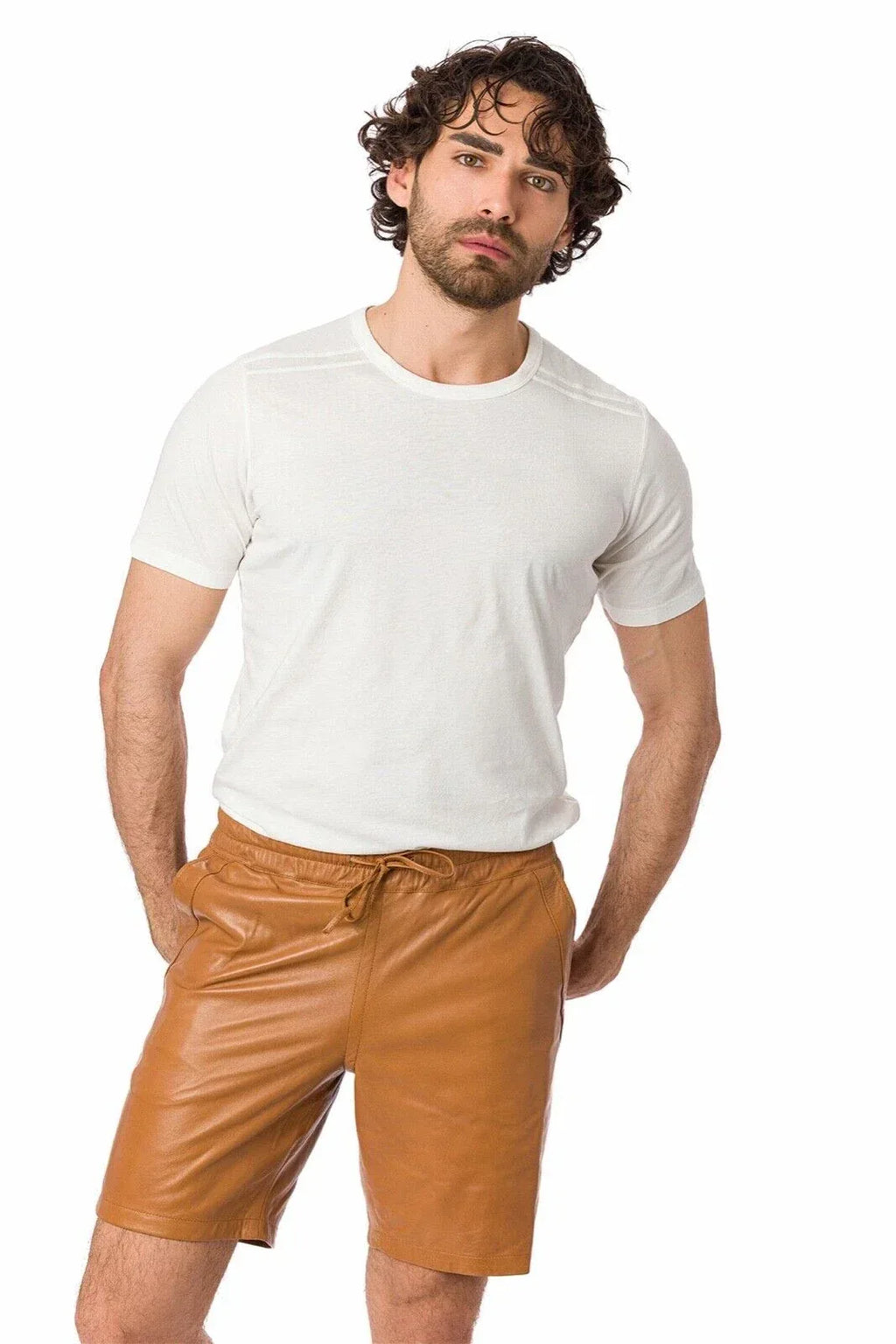 Men's Tan Original Leather Shorts with Drawstring Premium Full-Grain Handcrafted
