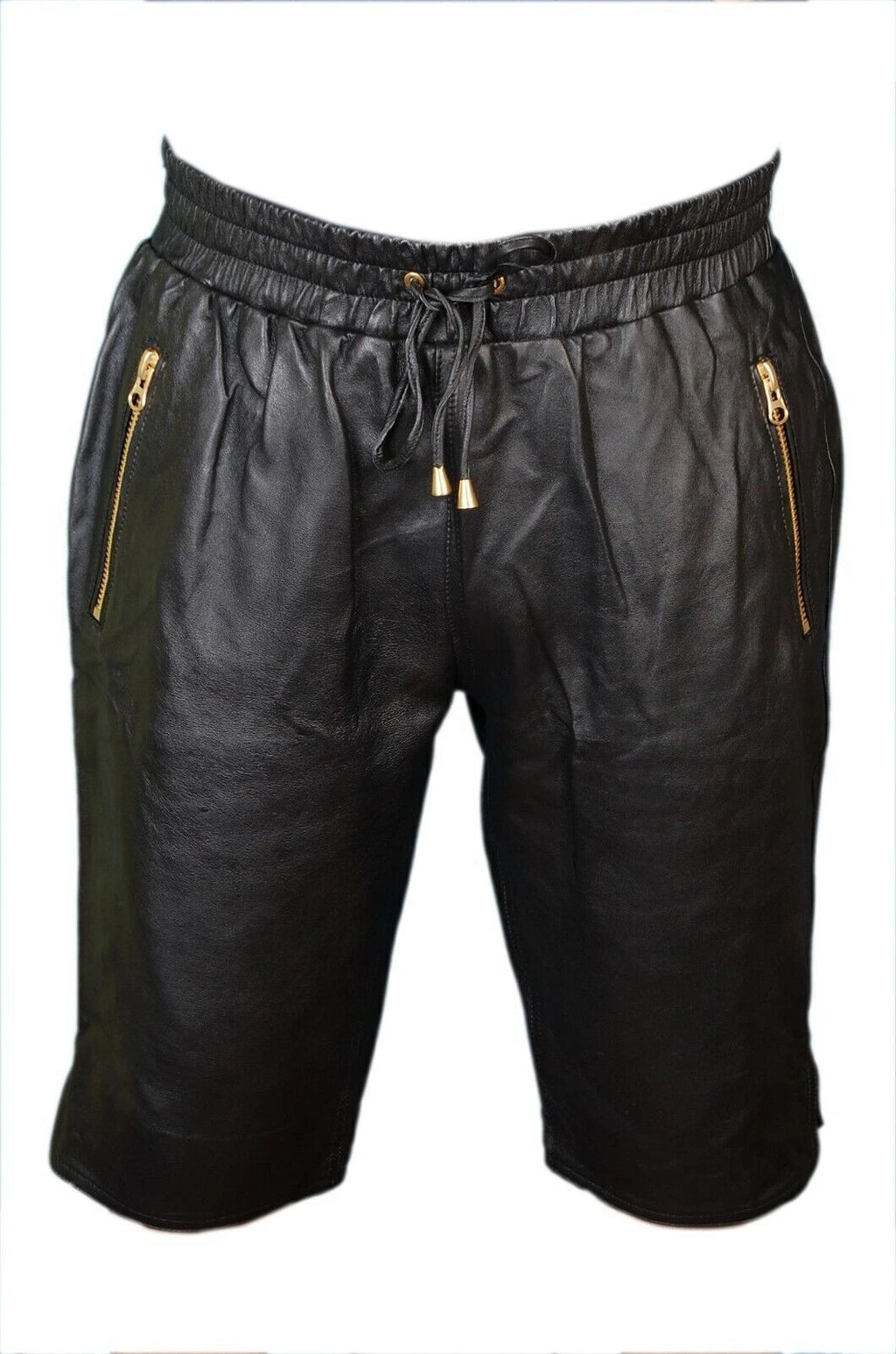 Men's Black Original Leather Shorts Gold Zipper Pockets Drawstring Waist Handcrafted
