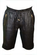 Men's Black Original Leather Shorts Gold Zipper Pockets Drawstring Waist Handcrafted