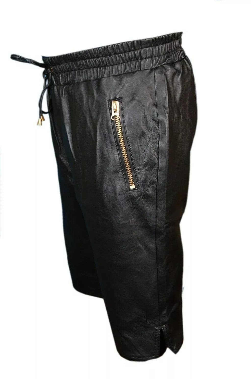 Men's Black Original Leather Shorts Gold Zipper Pockets Drawstring Waist Handcrafted