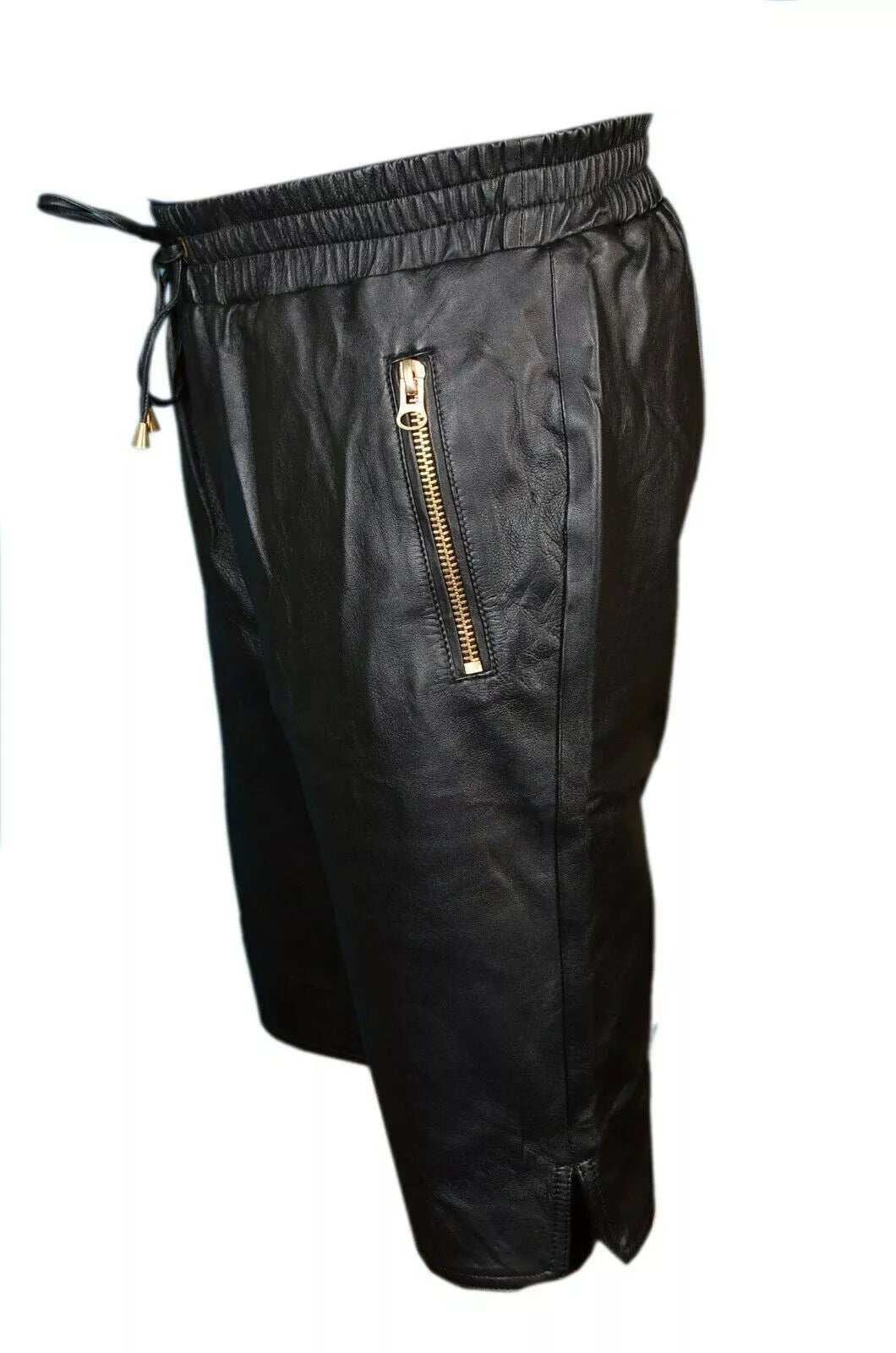 Men's Black Original Leather Shorts Gold Zipper Pockets Drawstring Waist Handcrafted