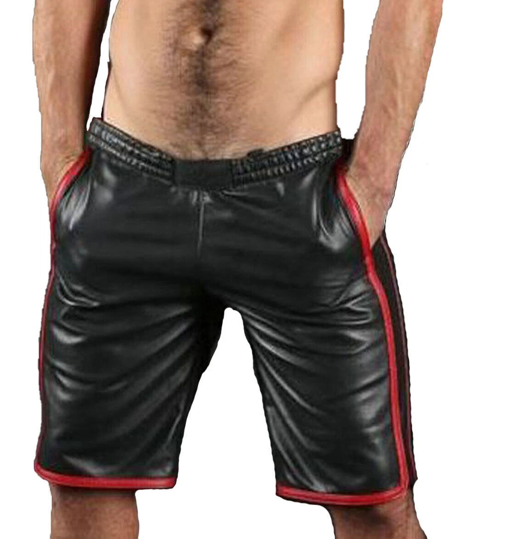 Men's Black Leather Shorts Red Piping Trim Premium Full-Grain Handcrafted