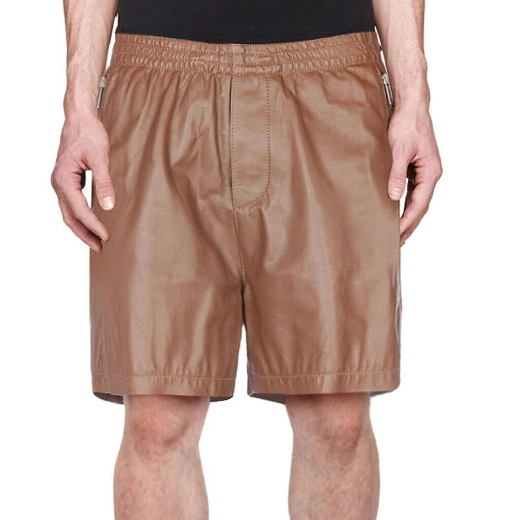 Men's Cognac Original Leather Shorts Elasticized Waist Premium Full-Grain Handcrafted