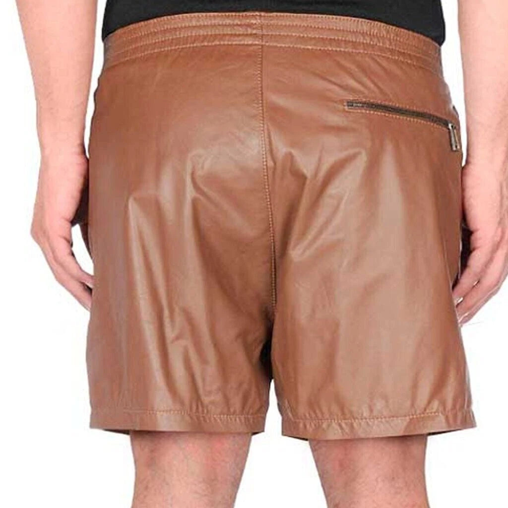 Men's Cognac Original Leather Shorts Elasticized Waist Premium Full-Grain Handcrafted