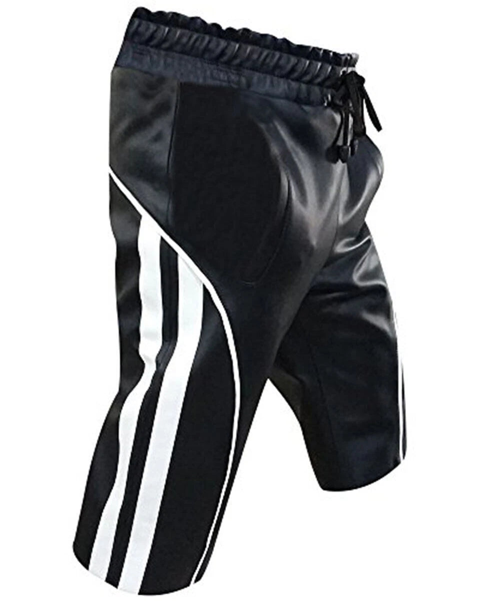 Men's Black Original Leather Shorts White Side Stripes Drawstring Waist Handcrafted