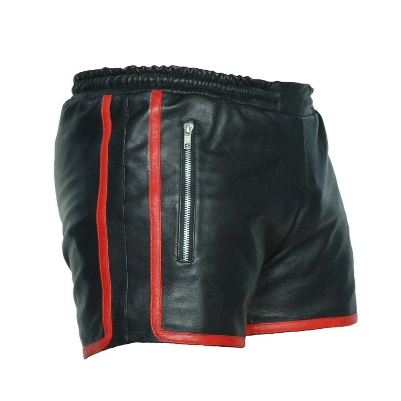 Men's Black Original Leather Shorts Red Trim Zipper Pockets Handcrafted
