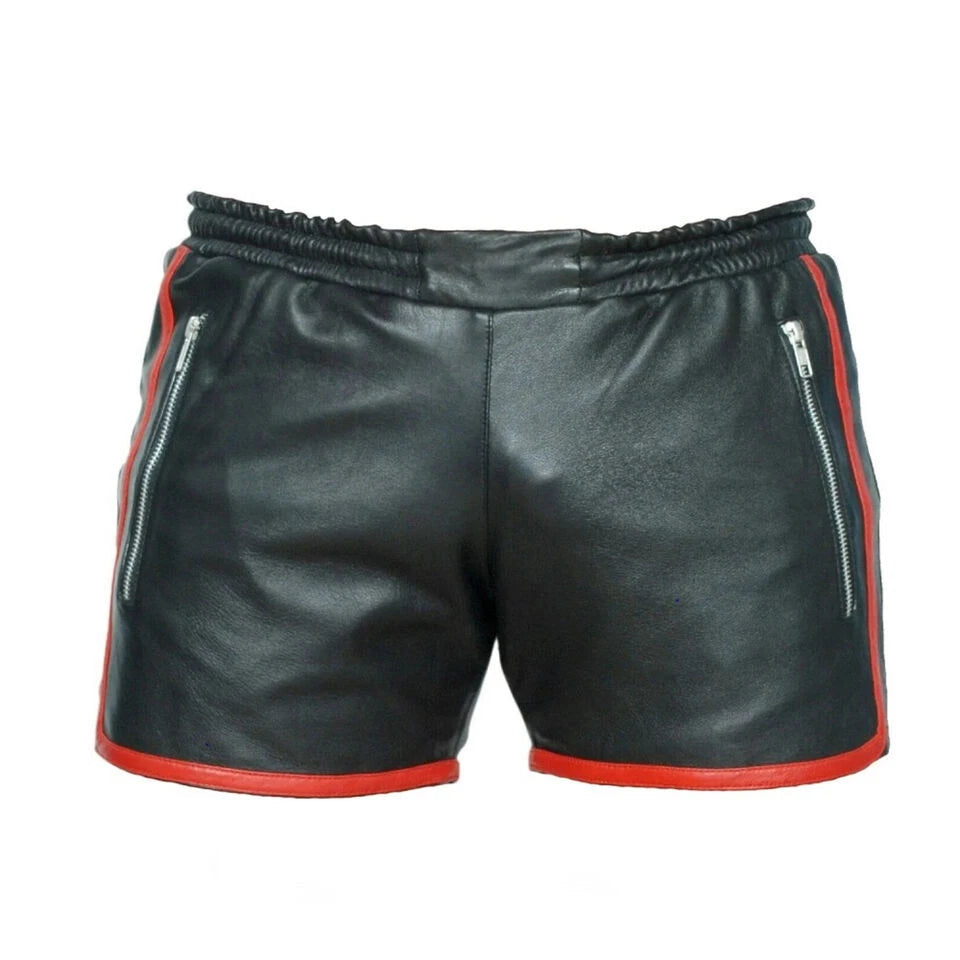 Men's Black Original Leather Shorts Red Trim Zipper Pockets Handcrafted