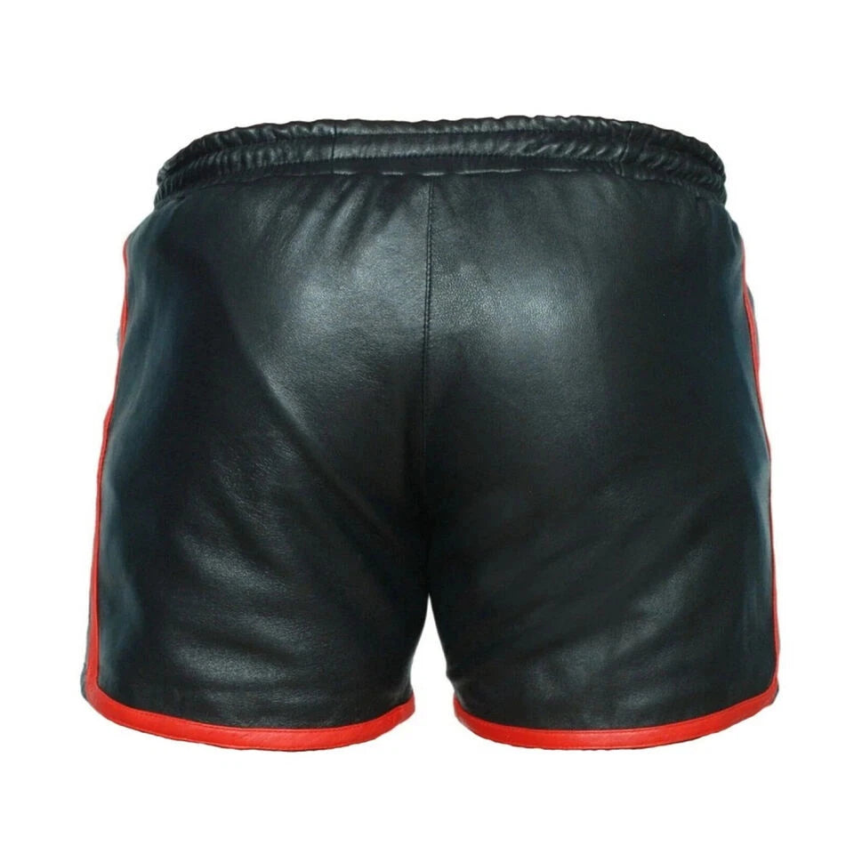 Men's Black Original Leather Shorts Red Trim Zipper Pockets Handcrafted