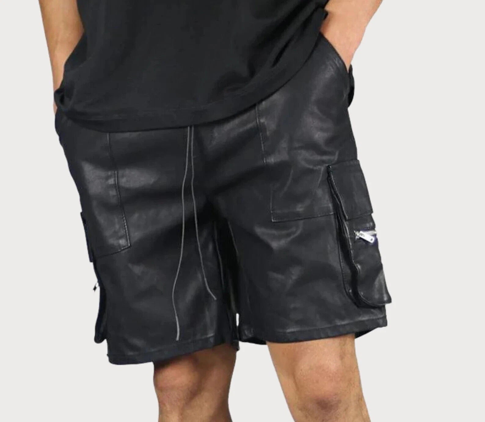 Men's Black Leather Cargo Shorts Multi-Pocket Drawstring Waist Handcrafted