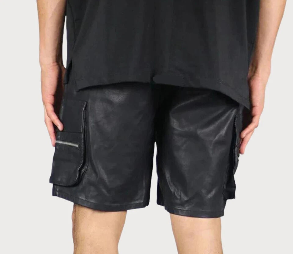 Men's Black Leather Cargo Shorts Multi-Pocket Drawstring Waist Handcrafted