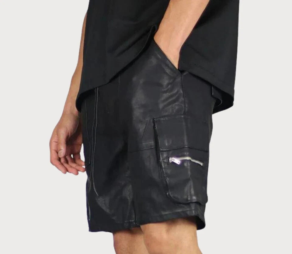 Men's Black Leather Cargo Shorts Multi-Pocket Drawstring Waist Handcrafted