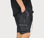 Men's Black Leather Cargo Shorts Multi-Pocket Drawstring Waist Handcrafted
