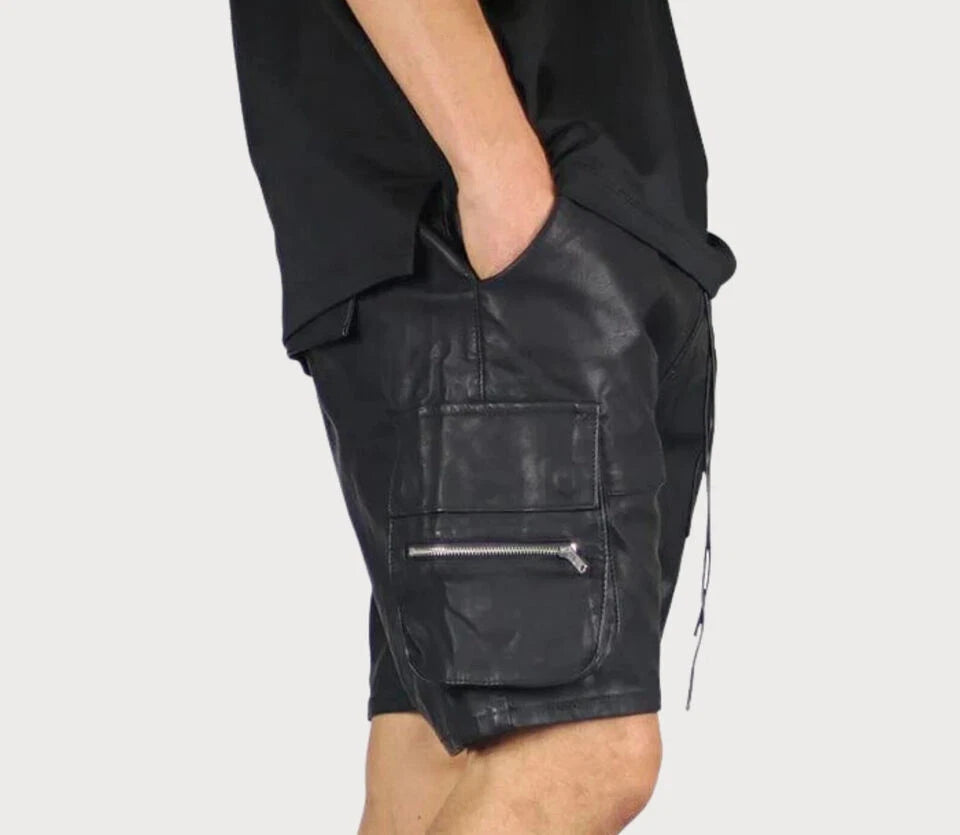 Men's Black Leather Cargo Shorts Multi-Pocket Drawstring Waist Handcrafted