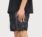 Men's Black Leather Cargo Shorts Multi-Pocket Drawstring Waist Handcrafted