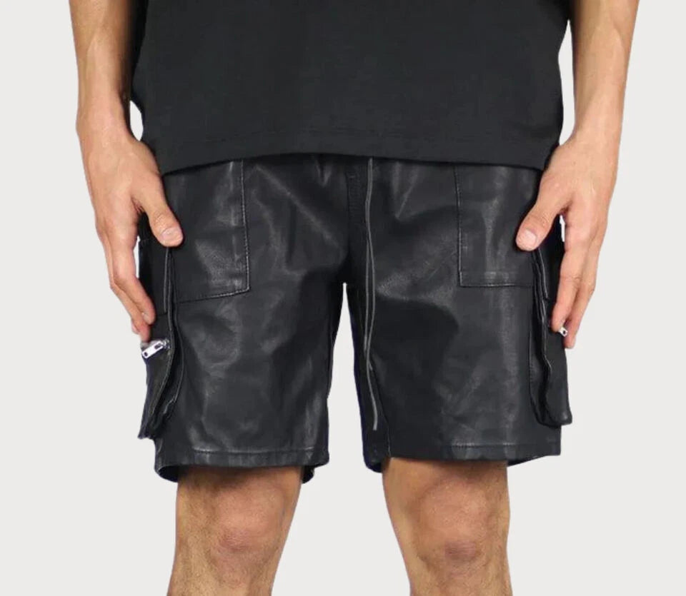 Men's Black Leather Cargo Shorts Multi-Pocket Drawstring Waist Handcrafted