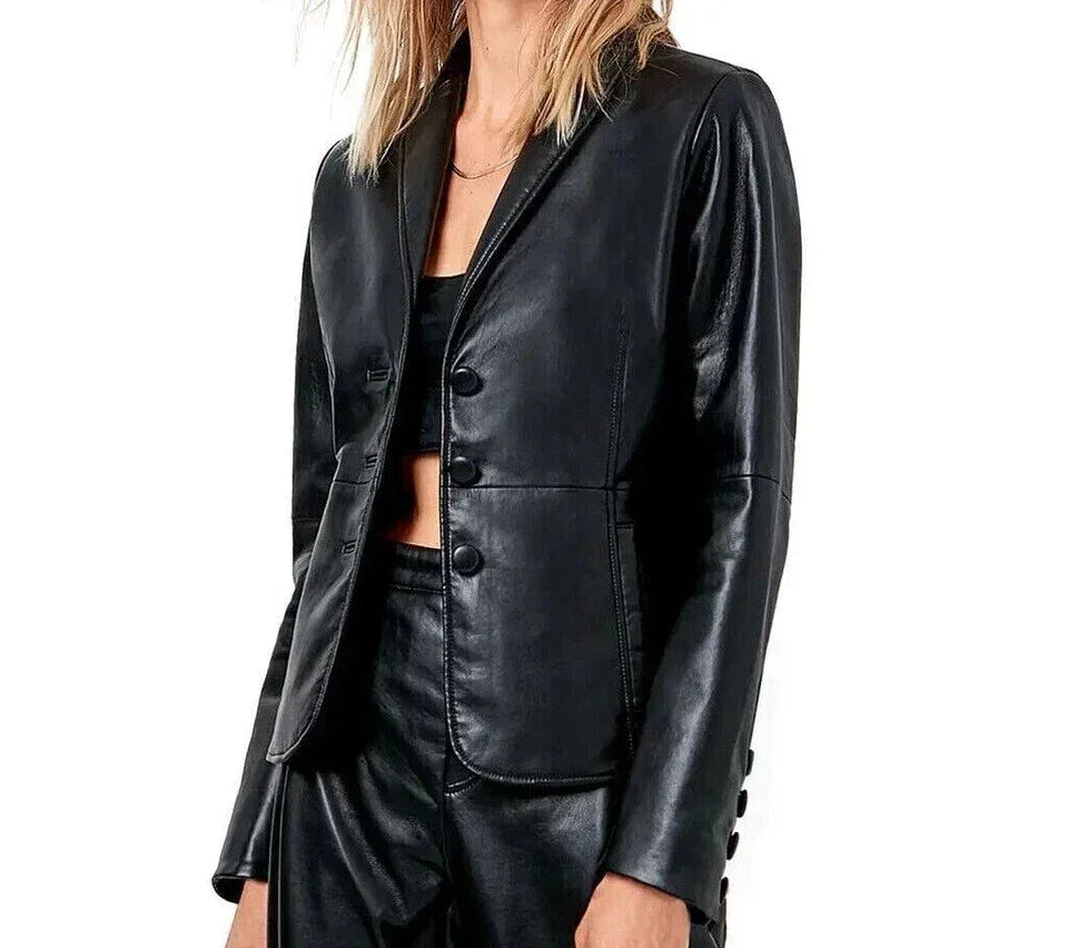 Women's Premium Black Original Leather Blazer - Handcrafted Full-Grain Leather Jacket