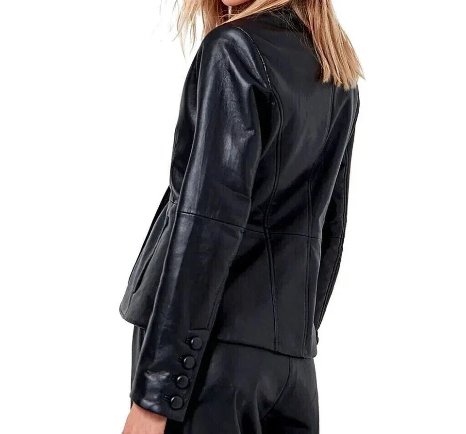 Women's Premium Black Original Leather Blazer - Handcrafted Full-Grain Leather Jacket