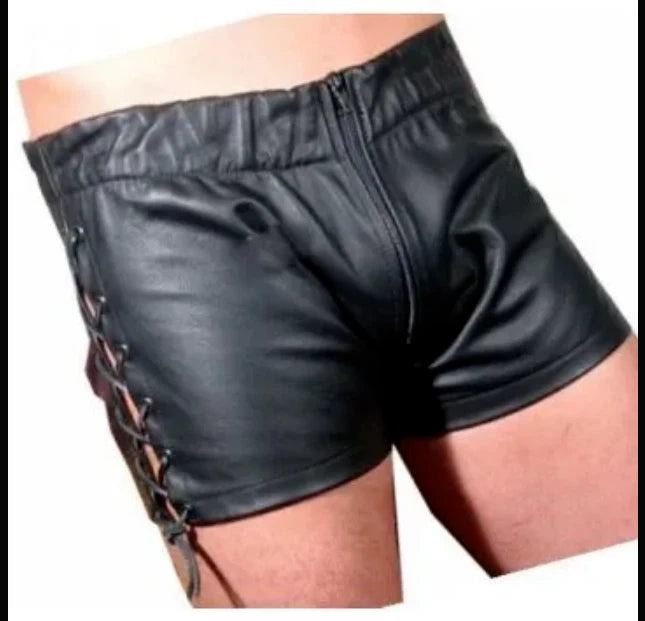Men's Black Original Leather Shorts Side Lace-Up Detail Premium Full-Grain Handcrafted