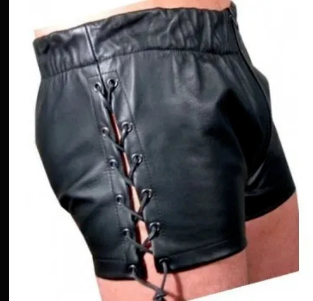 Men's Black Original Leather Shorts Side Lace-Up Detail Premium Full-Grain Handcrafted