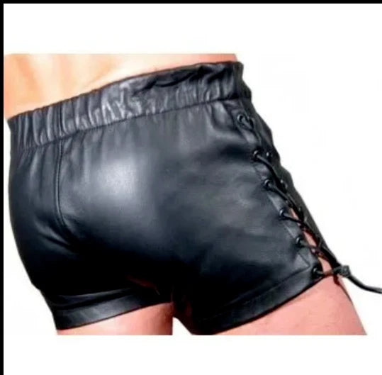 Men's Black Original Leather Shorts Blue Contrast Stitching Premium Full-Grain Handcrafted