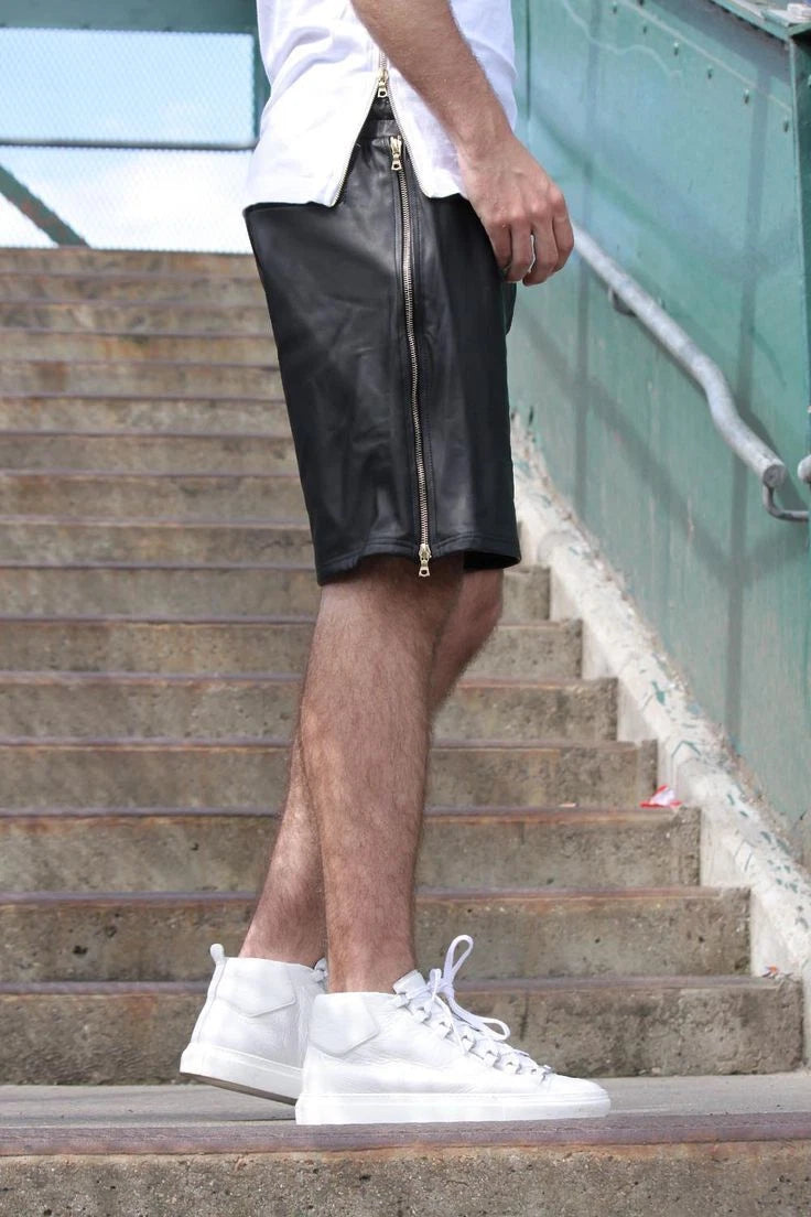 Men's Black Leather Shorts Side Zipper Detail Premium Full-Grain Handcrafted