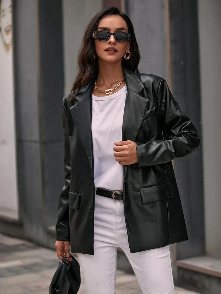 Women's Premium Black Original Leather Blazer - Handcrafted Oversized Full-Grain Jacket