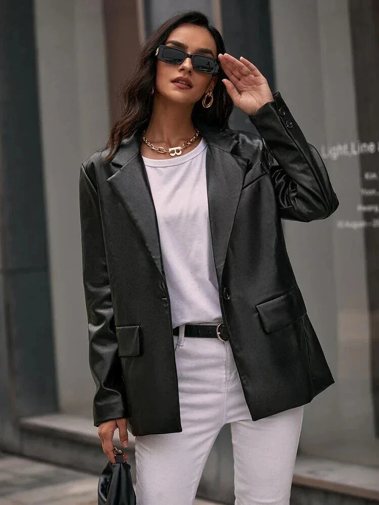 Women's Premium Black Original Leather Blazer - Handcrafted Oversized Full-Grain Jacket