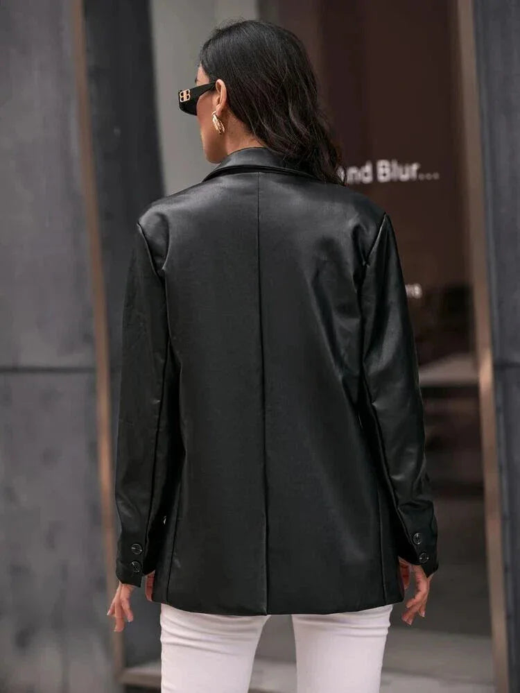 Women's Premium Black Original Leather Blazer - Handcrafted Oversized Full-Grain Jacket